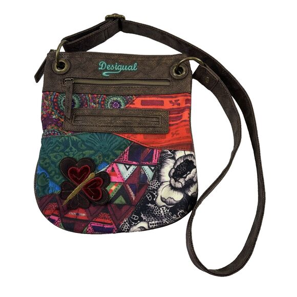 Desigual Patchwork Floral Crossbody Purse Bag Multicolored Faux Leather Zip - Picture 1 of 16